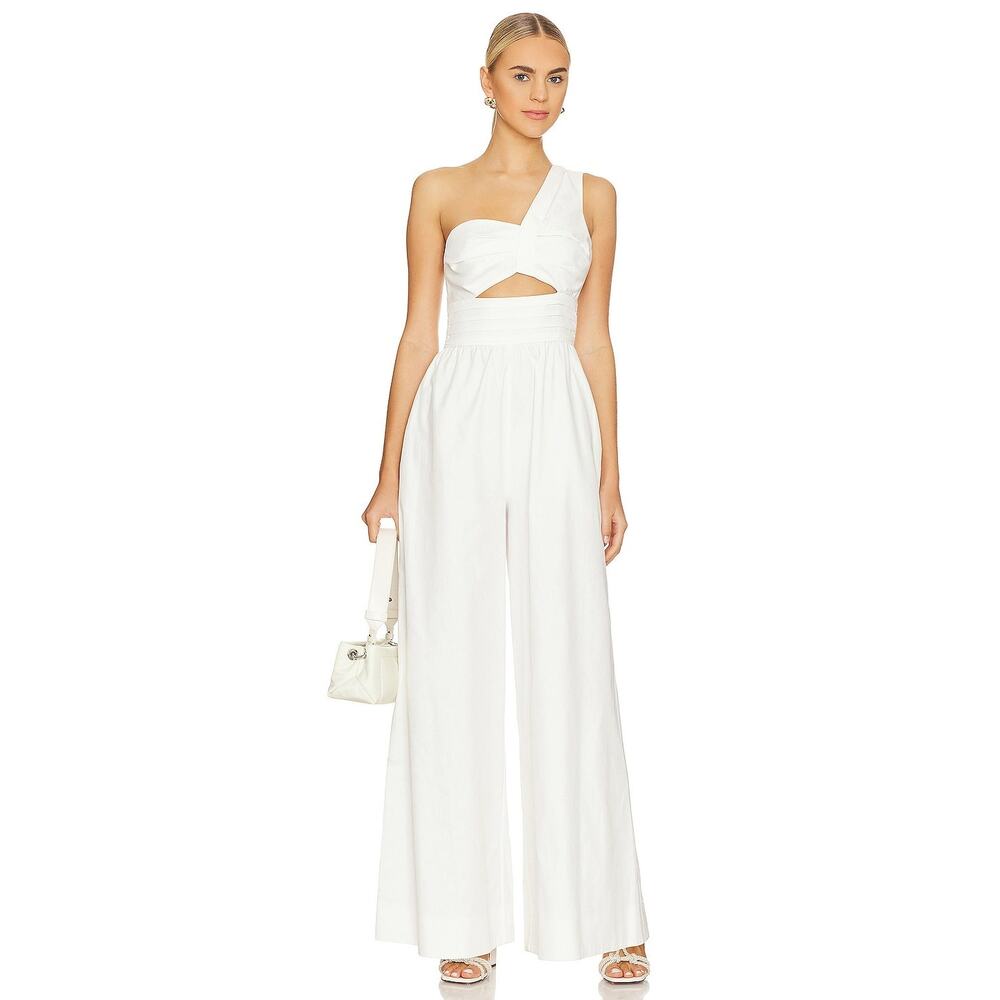 Amur Womens Laurie‎ One Shoulder Wide Leg Jumpsuit Off White Cotton Size 14